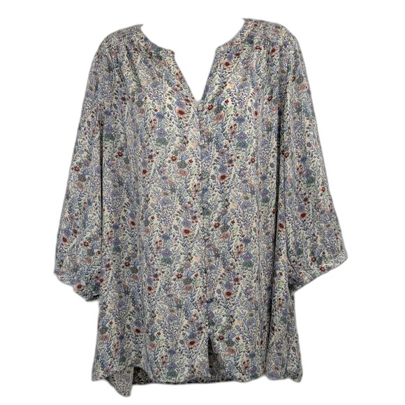 Rose + Olive Ditsy Floral Smocked 3/4 Sleeve Chiffon Tunic Blouse Women's Sz 1X - Picture 1 of 5